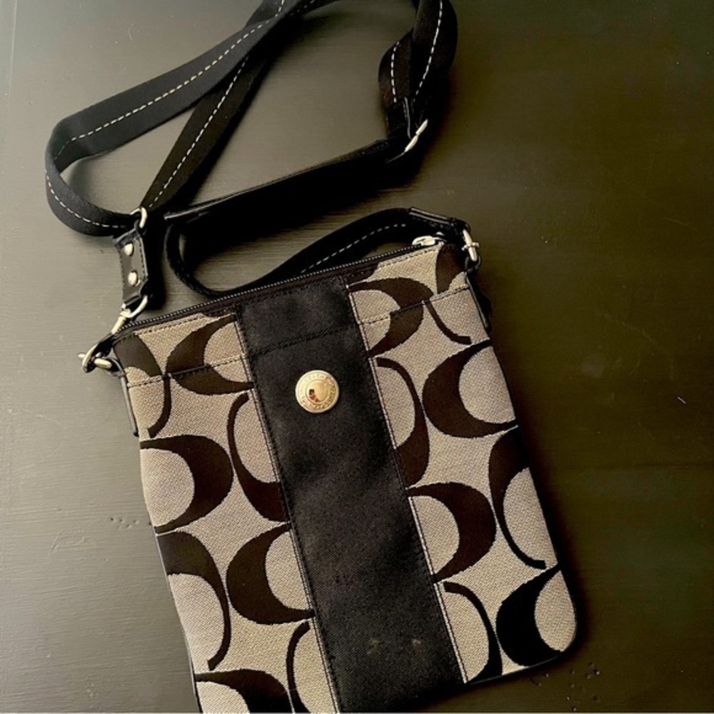 Coach Signature Stripe Crossbody Purse, Black/ Cream